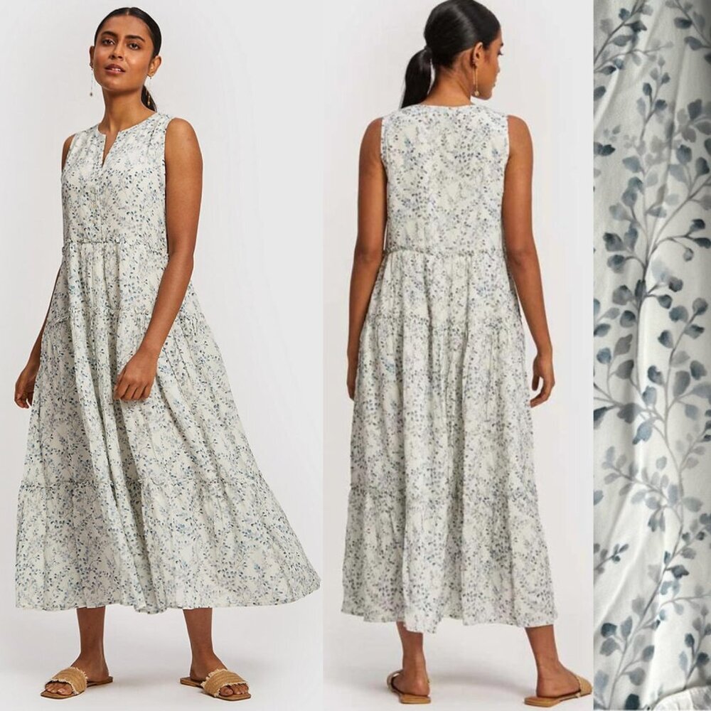 New! Reistor Floral Tiered Maxi Dress White & Blue nwt 22028
